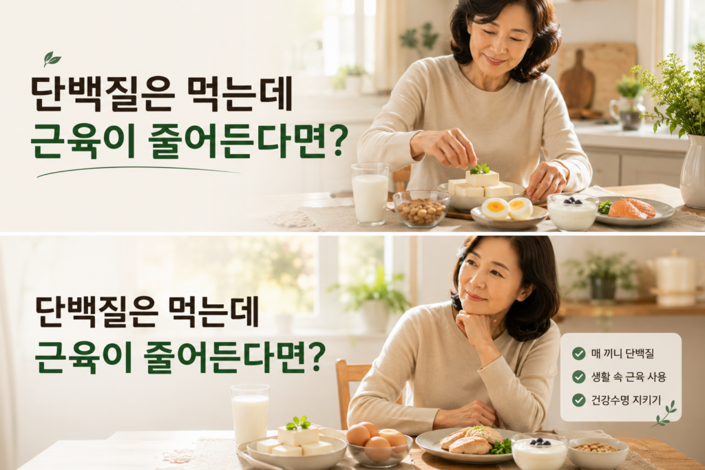 단백질이 풍부한 아침 식사를 준비하는 50대 중년 여성과 달걀, 두부, 요거트 등 단백질 식품