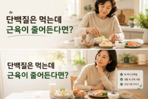단백질이 풍부한 아침 식사를 준비하는 50대 중년 여성과 달걀, 두부, 요거트 등 단백질 식품