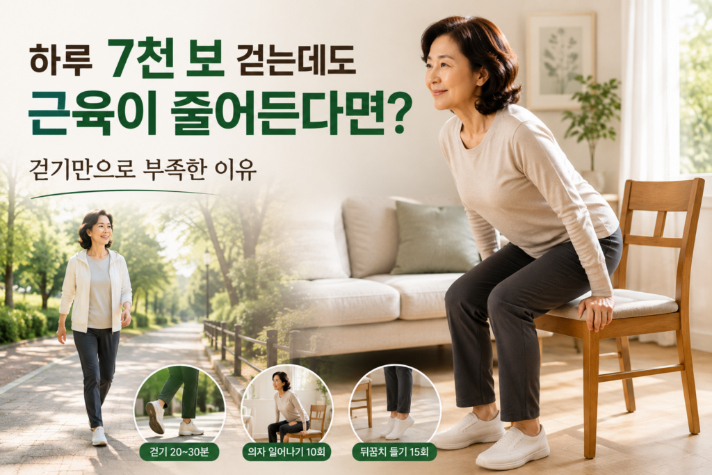 집에서 걷기와 의자 일어나기 근력운동을 실천하는 50대 중년 여성