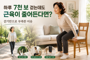 집에서 걷기와 의자 일어나기 근력운동을 실천하는 50대 중년 여성