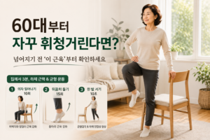 난간을 잡고 계단을 천천히 내려가며 하체 근력을 사용하는 50~60대 한국 여성