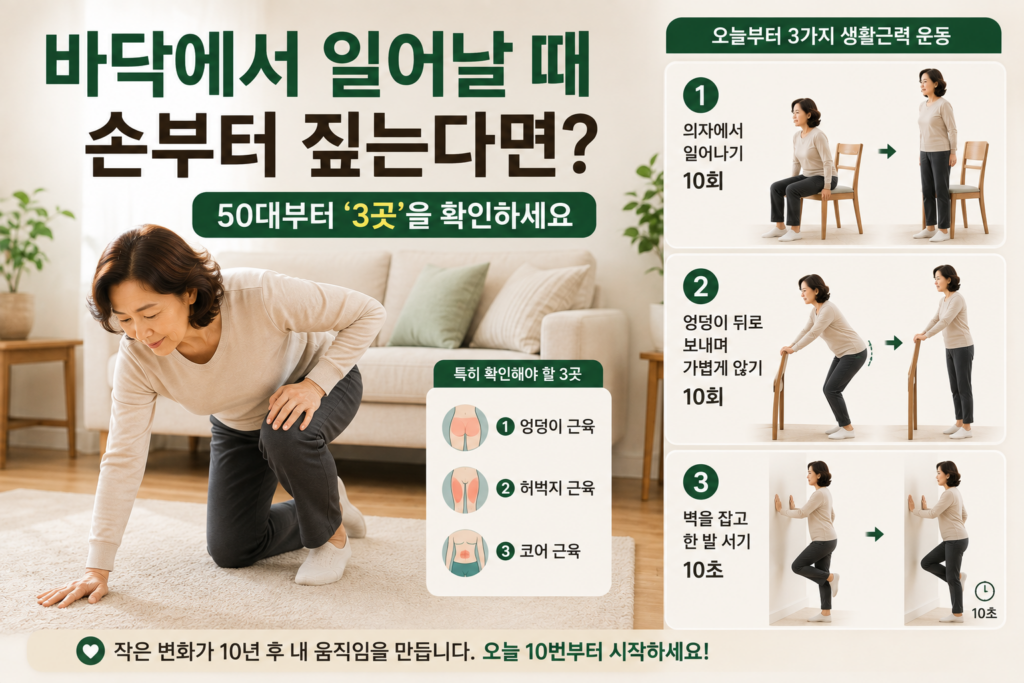 바닥에서 손을 짚고 일어나는 모습과 의자에서 하체 근력운동을 하는 50~60대 한국 여성