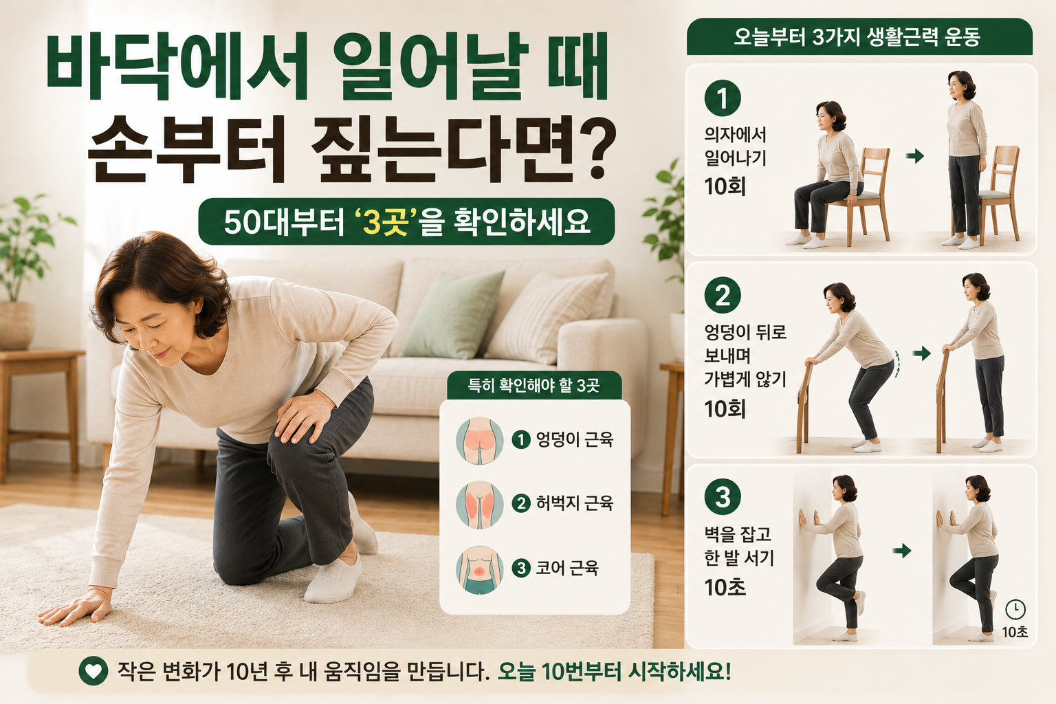 바닥에서 손을 짚고 일어나는 모습과 의자에서 하체 근력운동을 하는 50~60대 한국 여성