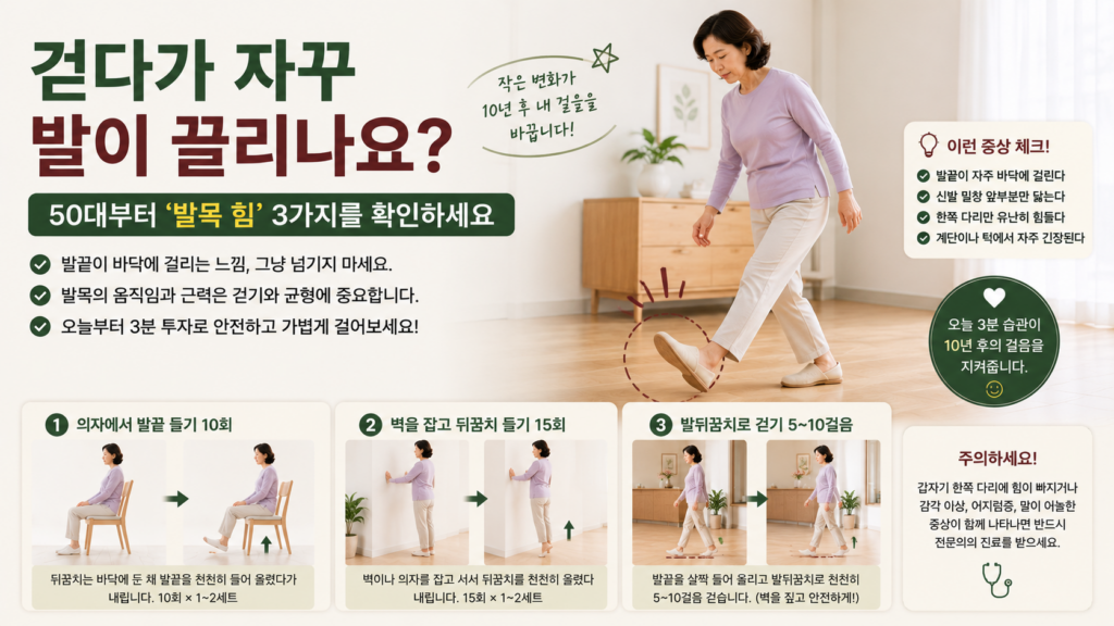 벽을 가볍게 짚고 발끝을 들어 올리는 발목 근력운동을 하는 50~60대 한국 여성