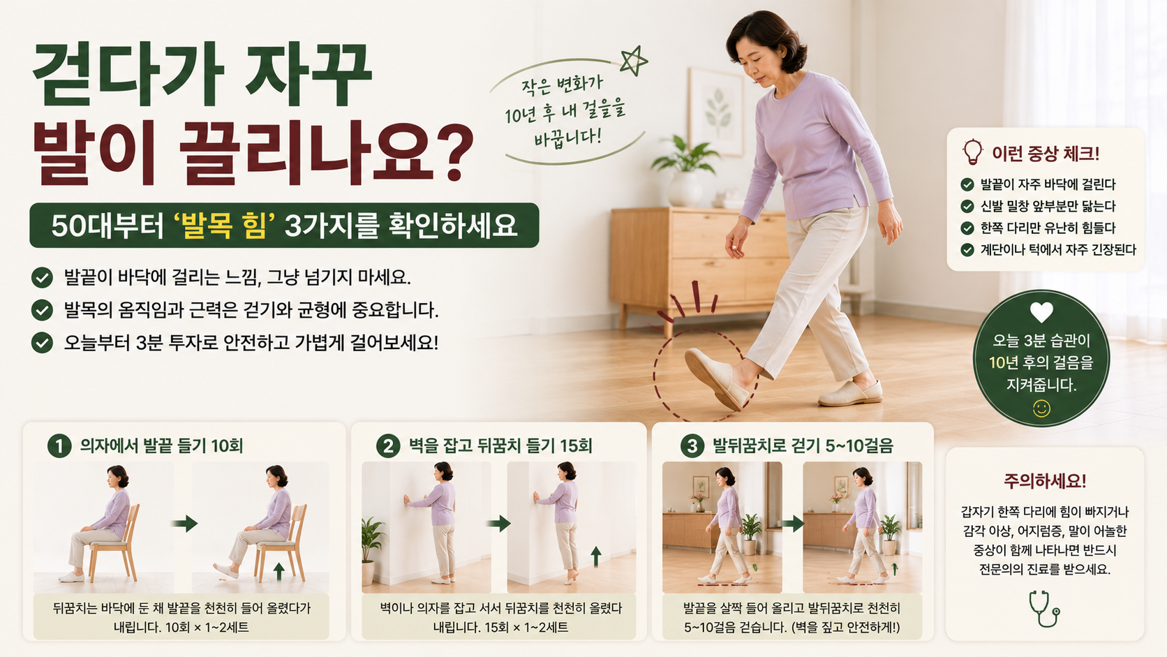 벽을 가볍게 짚고 발끝을 들어 올리는 발목 근력운동을 하는 50~60대 한국 여성