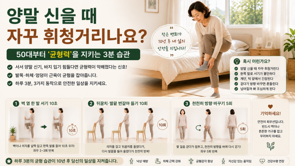 중년균형감각운동, 균형감각, 균형력, 50대운동, 60대운동, 중년운동, 생활근력, 하체근력, 엉덩이근육, 발목근력, 낙상예방, 한발서기, 시니어 밝은 침실에서 양말을 신으려 한쪽 다리를 들고 균형을 잡는 50~60대 한국 여성