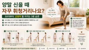 중년균형감각운동, 균형감각, 균형력, 50대운동, 60대운동, 중년운동, 생활근력, 하체근력, 엉덩이근육, 발목근력, 낙상예방, 한발서기, 시니어 밝은 침실에서 양말을 신으려 한쪽 다리를 들고 균형을 잡는 50~60대 한국 여성