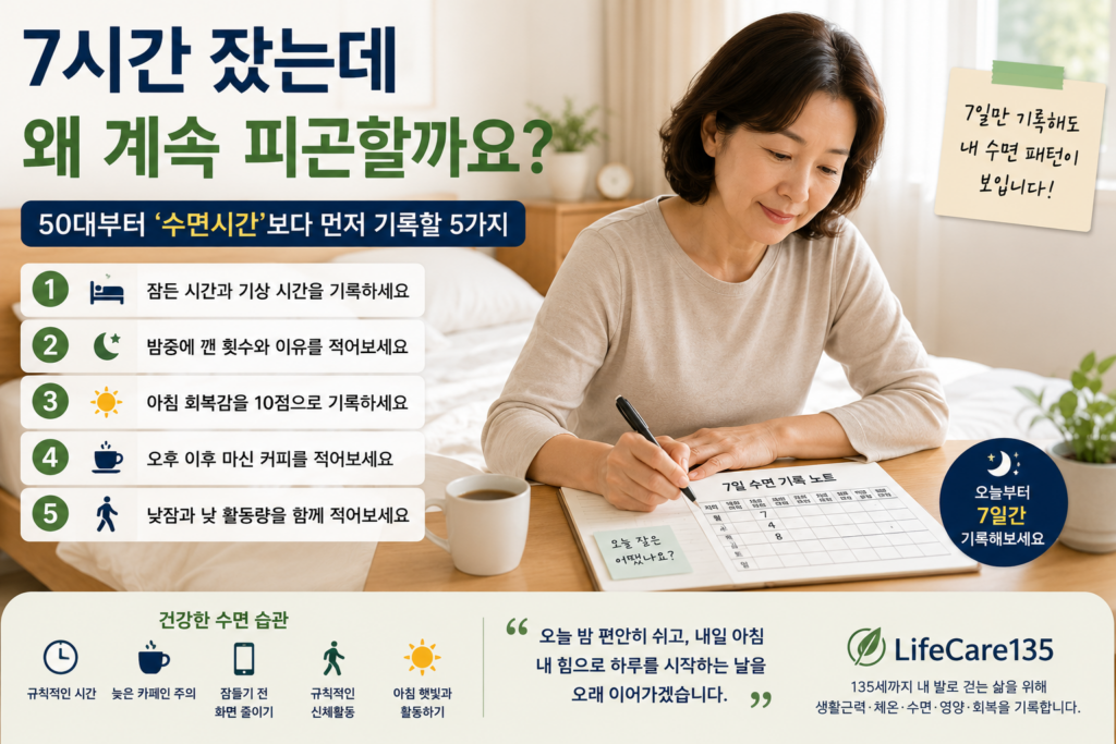 아침 침실에서 지난밤 수면시간과 회복감을 기록하는 50대 한국 여성