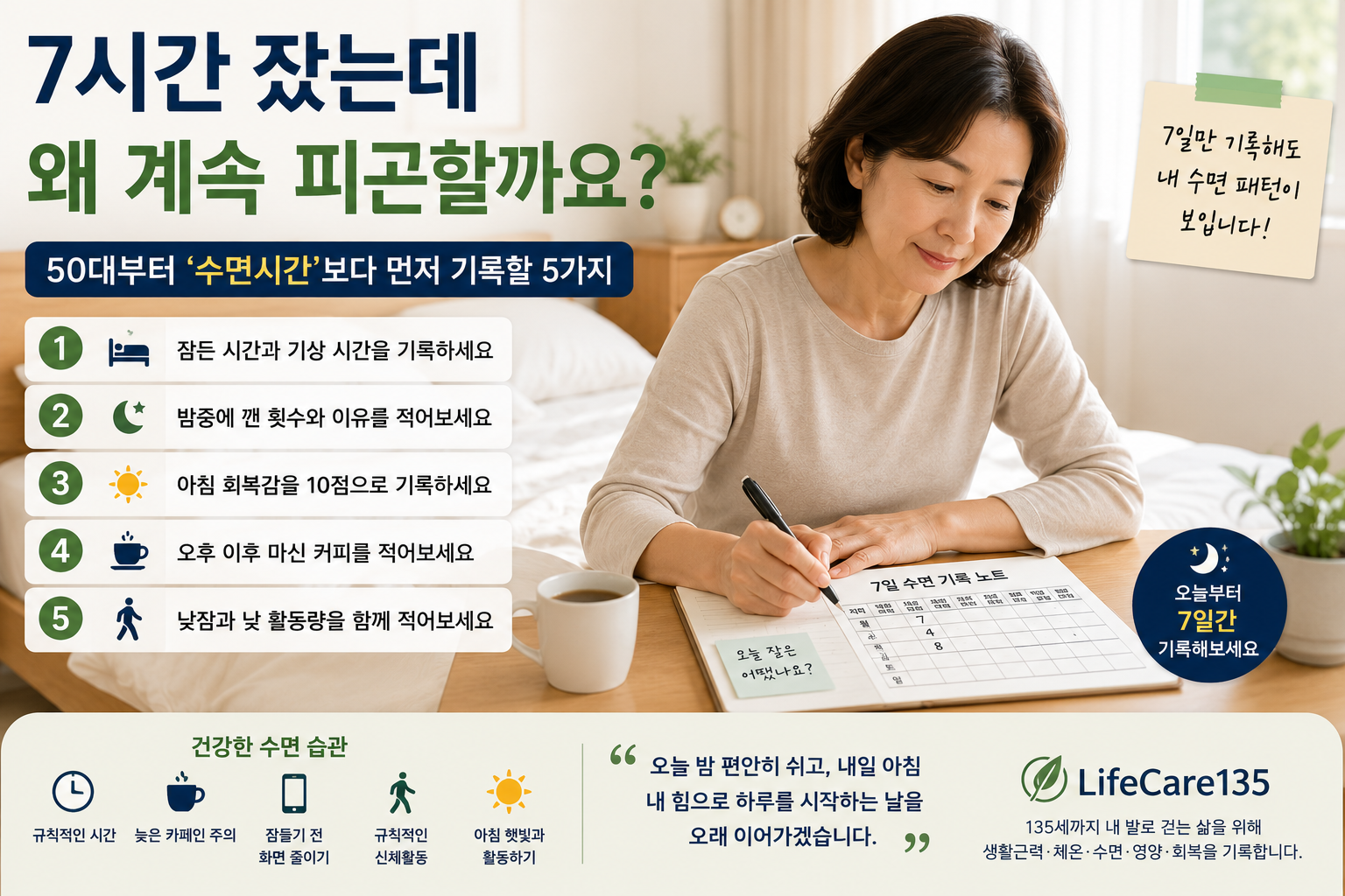 아침 침실에서 지난밤 수면시간과 회복감을 기록하는 50대 한국 여성
