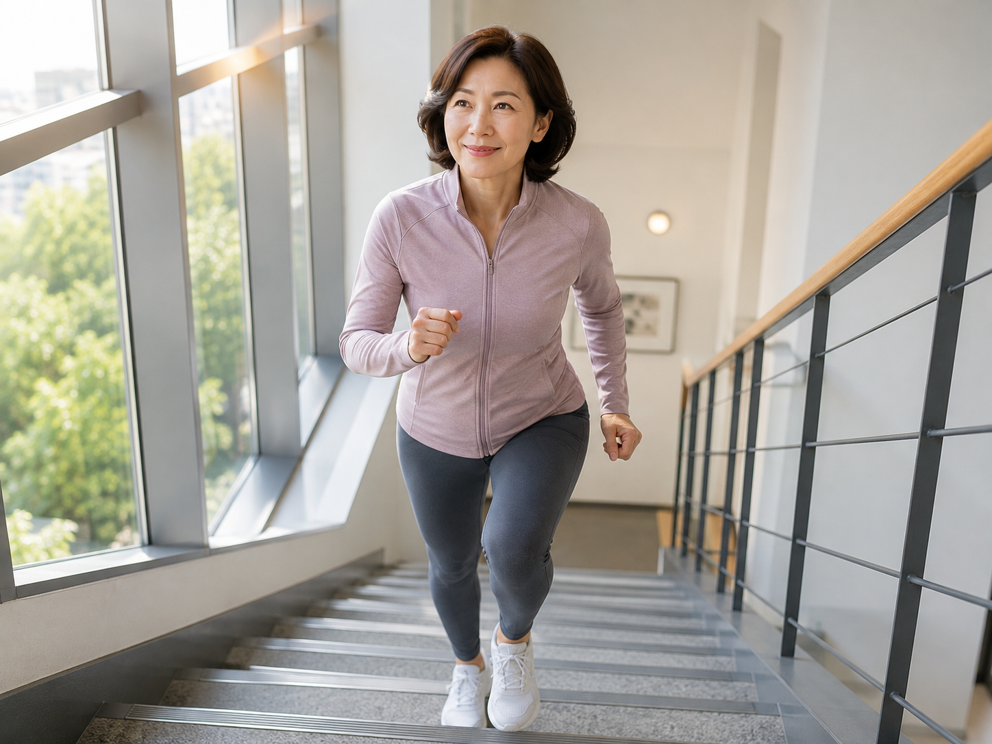 건강한 중년 여성이 계단을 오르며 하체근력과 건강수명을 위한 운동을 하는 모습