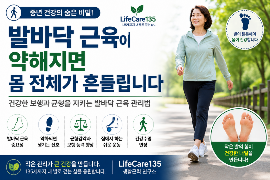 중년 이후 보폭과 건강수명의 관계를 설명하는 LifeCare135 대표 이미지입니다.