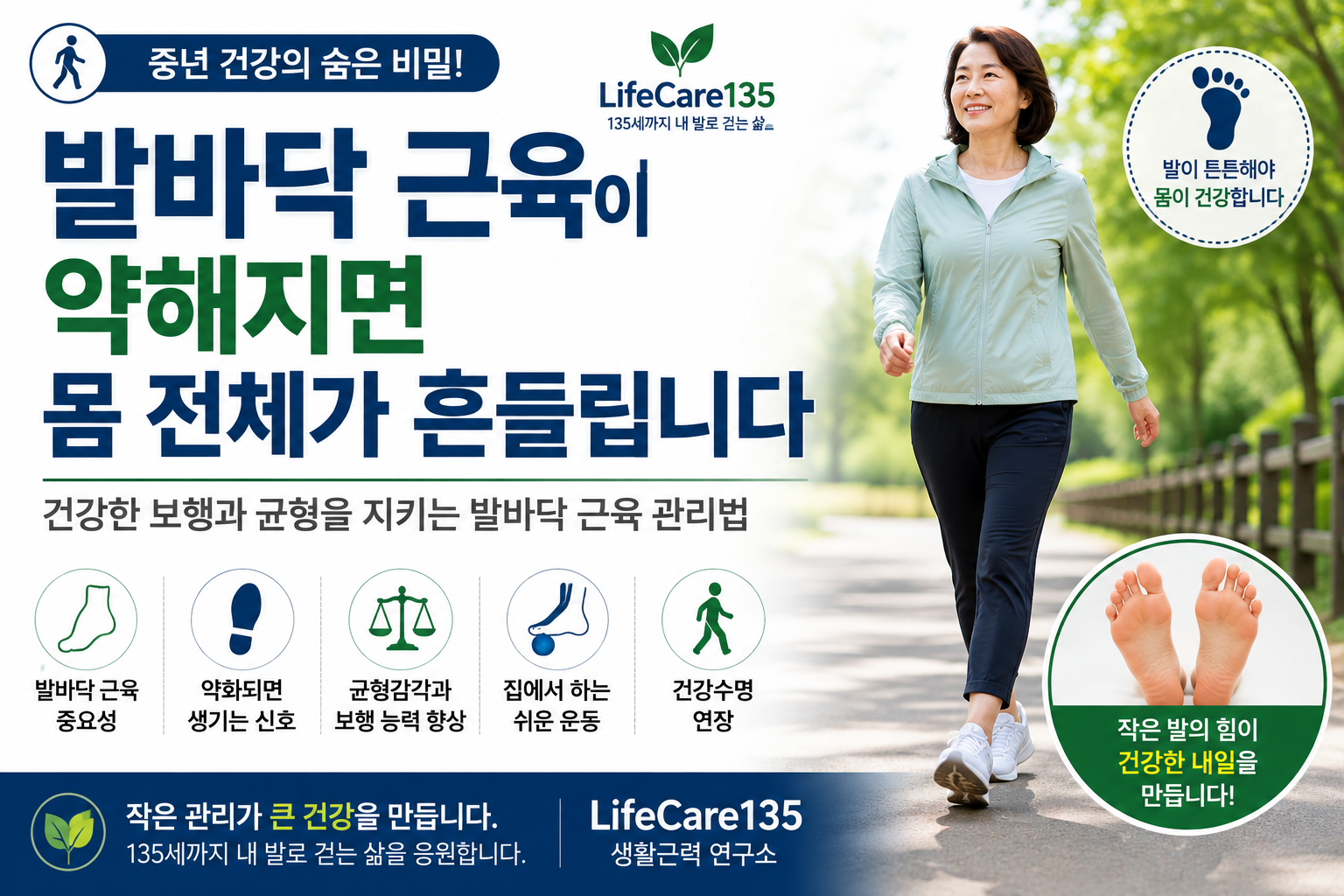 중년 이후 보폭과 건강수명의 관계를 설명하는 LifeCare135 대표 이미지입니다.