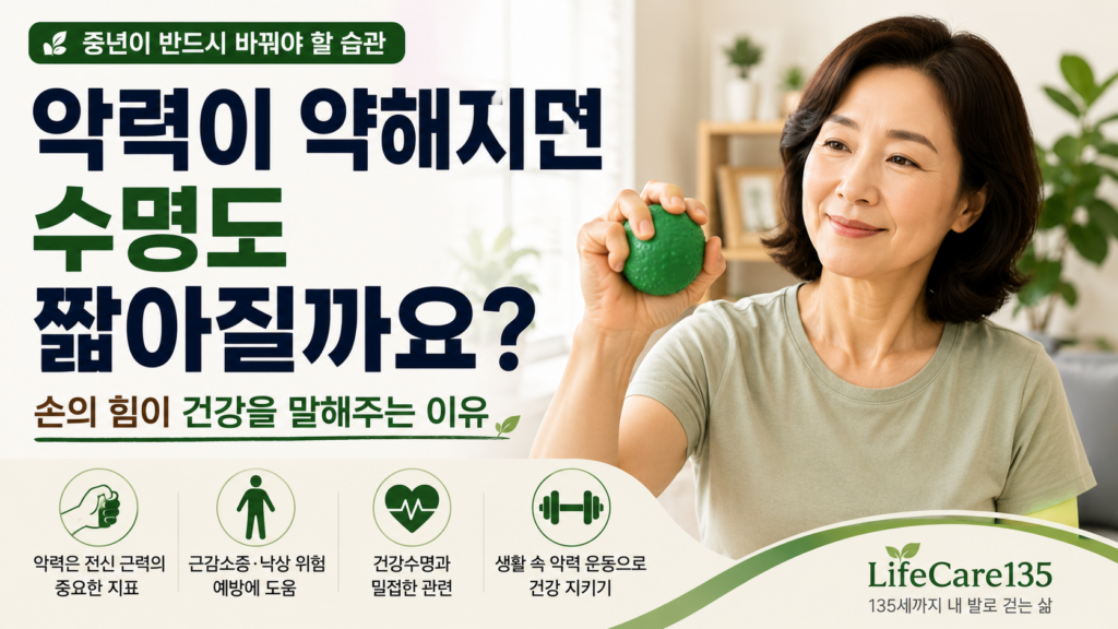 중년 여성이 고무공을 쥐며 악력 운동을 하는 모습