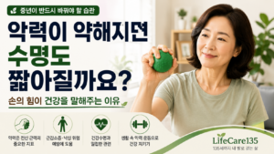 중년 여성이 고무공을 쥐며 악력 운동을 하는 모습