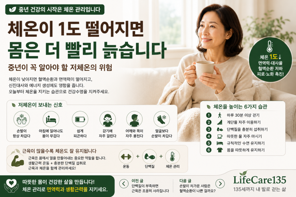 따뜻한 차를 마시며 체온을 관리하는 중년 여성의 모습