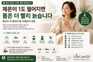 따뜻한 차를 마시며 체온을 관리하는 중년 여성의 모습
