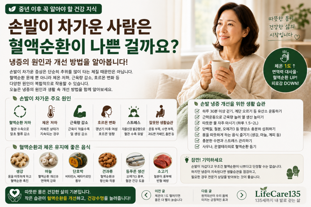 손발이 차가운 사람은 혈액순환이 나쁜 걸까요? 겨울이 아니어도 손발이 차갑다고 말하는 분들이 많습니다. 특히 중년 이후에는 손발이 차가운 증상이 자주 나타나는데, 많은 사람들이 단순히 혈액순환이 나빠서 생기는 문제라고 생각합니다. 하지만 실제로는 원인이 하나만 있는 것은 아닙니다. 체온이 낮거나 근육량이 감소했거나, 스트레스와 호르몬 변화가 함께 영향을 줄 수도 있습니다. LifeCare135는 손발이 차가운 증상을 몸이 보내는 작은 신호로 보고 생활습관을 함께 점검하는 것이 중요하다고 생각합니다. 손발이 차가워지는 주요 원인 손발은 심장에서 가장 먼 곳에 위치해 있어 체온 변화의 영향을 가장 먼저 받습니다. 다음과 같은 원인이 함께 작용할 수 있습니다. 혈액순환이 원활하지 않은 경우 체온이 낮은 경우 근육량 감소로 열 생산이 줄어든 경우 갱년기 등 호르몬 변화 스트레스와 수면 부족 운동 부족으로 활동량이 적은 경우 손발이 차갑다고 모두 같은 원인은 아니므로 생활습관을 함께 살펴보는 것이 중요합니다. 이런 증상이 반복된다면 확인해 보세요 다음 항목 중 두 가지 이상 해당된다면 생활습관을 점검해 보세요. 여름에도 양말을 신어야 한다. 손발이 차가워 잠들기 어렵다. 따뜻한 곳에 있어도 손끝이 차갑다. 쉽게 피곤하고 몸이 무겁다. 어깨와 목이 자주 뭉친다. 평소 운동량이 적다. 생활 속에서 체온을 높이는 방법 체온을 유지하는 작은 습관이 도움이 될 수 있습니다. 하루 30분 이상 걷기 계단 이용하기 단백질을 충분히 섭취하기 따뜻한 물 자주 마시기 몸을 따뜻하게 하는 음식 챙기기 충분한 수면과 스트레스 관리하기 근육은 최고의 난방기입니다 우리 몸에서 열을 가장 많이 만드는 곳은 근육입니다. 근육량이 줄어들면 체온을 유지하는 능력도 함께 떨어질 수 있습니다. 생활근력 운동과 충분한 단백질 섭취는 건강한 체온 유지에도 도움이 됩니다. 마무리 손발이 차가운 증상을 단순한 체질로만 넘기지 마세요. 몸이 보내는 작은 신호를 일찍 알아차리고 생활습관을 조금씩 바꾸면 건강한 몸을 만드는 데 도움이 될 수 있습니다. 오늘부터 몸을 따뜻하게 하는 작은 습관을 하나씩 시작해 보세요. LifeCare135는 135세까지 내 발로 걷고, 내 힘으로 살아가기 위한 생활근력과 체온 건강을 연구합니다. 이전 글 체온이 1도 떨어지면 몸은 더 빨리 늙습니다. (URL 입력) 다음 글 원적외선은 왜 몸을 따뜻하게 만들까요?