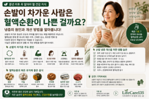 손발이 차가운 사람은 혈액순환이 나쁜 걸까요? 겨울이 아니어도 손발이 차갑다고 말하는 분들이 많습니다. 특히 중년 이후에는 손발이 차가운 증상이 자주 나타나는데, 많은 사람들이 단순히 혈액순환이 나빠서 생기는 문제라고 생각합니다. 하지만 실제로는 원인이 하나만 있는 것은 아닙니다. 체온이 낮거나 근육량이 감소했거나, 스트레스와 호르몬 변화가 함께 영향을 줄 수도 있습니다. LifeCare135는 손발이 차가운 증상을 몸이 보내는 작은 신호로 보고 생활습관을 함께 점검하는 것이 중요하다고 생각합니다. 손발이 차가워지는 주요 원인 손발은 심장에서 가장 먼 곳에 위치해 있어 체온 변화의 영향을 가장 먼저 받습니다. 다음과 같은 원인이 함께 작용할 수 있습니다. 혈액순환이 원활하지 않은 경우 체온이 낮은 경우 근육량 감소로 열 생산이 줄어든 경우 갱년기 등 호르몬 변화 스트레스와 수면 부족 운동 부족으로 활동량이 적은 경우 손발이 차갑다고 모두 같은 원인은 아니므로 생활습관을 함께 살펴보는 것이 중요합니다. 이런 증상이 반복된다면 확인해 보세요 다음 항목 중 두 가지 이상 해당된다면 생활습관을 점검해 보세요. 여름에도 양말을 신어야 한다. 손발이 차가워 잠들기 어렵다. 따뜻한 곳에 있어도 손끝이 차갑다. 쉽게 피곤하고 몸이 무겁다. 어깨와 목이 자주 뭉친다. 평소 운동량이 적다. 생활 속에서 체온을 높이는 방법 체온을 유지하는 작은 습관이 도움이 될 수 있습니다. 하루 30분 이상 걷기 계단 이용하기 단백질을 충분히 섭취하기 따뜻한 물 자주 마시기 몸을 따뜻하게 하는 음식 챙기기 충분한 수면과 스트레스 관리하기 근육은 최고의 난방기입니다 우리 몸에서 열을 가장 많이 만드는 곳은 근육입니다. 근육량이 줄어들면 체온을 유지하는 능력도 함께 떨어질 수 있습니다. 생활근력 운동과 충분한 단백질 섭취는 건강한 체온 유지에도 도움이 됩니다. 마무리 손발이 차가운 증상을 단순한 체질로만 넘기지 마세요. 몸이 보내는 작은 신호를 일찍 알아차리고 생활습관을 조금씩 바꾸면 건강한 몸을 만드는 데 도움이 될 수 있습니다. 오늘부터 몸을 따뜻하게 하는 작은 습관을 하나씩 시작해 보세요. LifeCare135는 135세까지 내 발로 걷고, 내 힘으로 살아가기 위한 생활근력과 체온 건강을 연구합니다. 이전 글 체온이 1도 떨어지면 몸은 더 빨리 늙습니다. (URL 입력) 다음 글 원적외선은 왜 몸을 따뜻하게 만들까요?