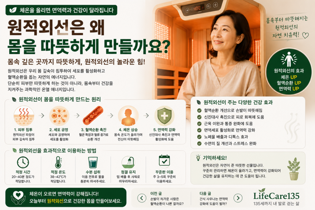 추운 날씨가 아니어도 몸이 쉽게 차가워지고 손발이 시린 분들이 있습니다. 이런 분들은 따뜻한 물이나 찜질을 하면 몸이 편안해지는 경험을 자주 합니다. 그 이유 중 하나가 바로 원적외선의 온열 효과입니다. 원적외선은 우리 몸을 따뜻하게 하는 대표적인 열에너지로 알려져 있으며, 다양한 온열기기와 사우나에서 활용되고 있습니다. LifeCare135는 체온 관리가 건강수명을 지키는 중요한 생활습관이라고 생각합니다. 원적외선은 무엇일까요? 원적외선은 햇빛에도 포함되어 있는 자연 에너지의 한 종류입니다. 눈으로는 보이지 않지만 열의 형태로 전달되어 몸을 따뜻하게 느끼도록 돕습니다. 일반적으로 피부 표면만 뜨겁게 만드는 것이 아니라 몸속까지 편안한 온기를 전달하는 특징 때문에 온열요법에 많이 활용됩니다. 원적외선이 몸에 주는 변화 꾸준히 온열 관리를 하면 다음과 같은 도움을 기대할 수 있습니다. 몸을 따뜻하게 유지하는 데 도움이 됩니다. 혈액순환을 원활하게 하는 데 도움이 됩니다. 근육의 긴장을 완화하는 데 도움이 됩니다. 피로 회복에 긍정적인 영향을 줄 수 있습니다. 편안한 휴식과 수면 환경을 만드는 데 도움이 됩니다. 원적외선은 질병을 치료하는 것이 아니라 건강한 생활을 위한 보조적인 관리 방법으로 활용하는 것이 중요합니다. 이런 분들에게 도움이 될 수 있습니다 다음과 같은 생활습관이 있다면 체온 관리에 관심을 가져보세요. 손발이 자주 차갑다. 어깨와 허리가 자주 뻣뻣하다. 하루 종일 몸이 무겁고 피곤하다. 운동량이 부족하다. 몸을 따뜻하게 하면 컨디션이 좋아진다. 생활습관을 함께 개선하면 더 좋은 결과를 기대할 수 있습니다. 원적외선을 효과적으로 활용하는 방법 온열요법은 꾸준함이 중요합니다. 한 번에 20~40분 정도 이용합니다. 이용 전후 충분한 물을 마십니다. 무리하게 높은 온도는 피합니다. 가벼운 스트레칭을 함께 합니다. 규칙적으로 이용하는 습관을 만듭니다. 온열 관리와 함께 걷기, 계단 오르기, 근력운동을 병행하면 건강 관리에 더욱 도움이 됩니다. 체온을 올리는 것은 생활습관입니다 체온은 하루아침에 달라지지 않습니다. 꾸준한 운동, 충분한 단백질 섭취, 좋은 수면, 그리고 올바른 온열 관리가 함께 이루어질 때 몸은 조금씩 변하기 시작합니다. 건강은 특별한 비법이 아니라 매일 반복하는 작은 습관에서 만들어집니다. 마무리 원적외선은 몸을 따뜻하게 하는 자연의 에너지입니다. 하지만 무엇보다 중요한 것은 규칙적인 운동과 건강한 식습관, 충분한 휴식이 함께 이루어지는 것입니다. 오늘부터 몸을 따뜻하게 하는 작은 습관 하나를 실천해 보세요. 그 작은 변화가 앞으로도 건강하게 걷는 삶을 만드는 든든한 밑거름이 될 수 있습니다. LifeCare135는 135세까지 내 발로 걷고, 내 힘으로 살아가기 위한 생활근력과 체온 건강을 연구합니다. 이전 글 손발이 차가운 사람은 혈액순환이 나쁜 걸까요? (URL 입력) 다음 글 건식 사우나는 면역력에 도움이 될까요?