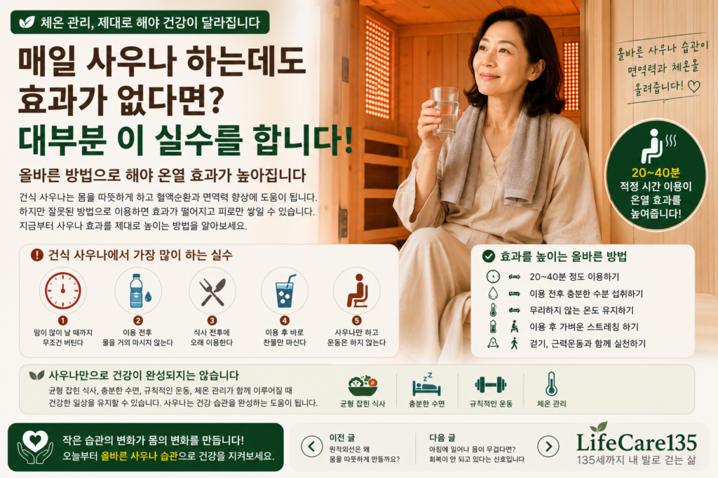 건식 사우나에서 편안하게 온열 관리를 하는 중년 여성