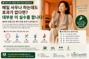건식 사우나에서 편안하게 온열 관리를 하는 중년 여성