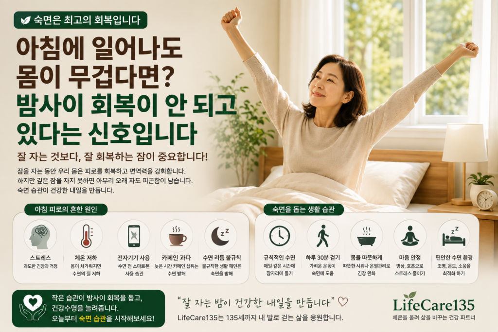편안한 침실에서 숙면 후 상쾌하게 아침을 맞이하는 중년 여성