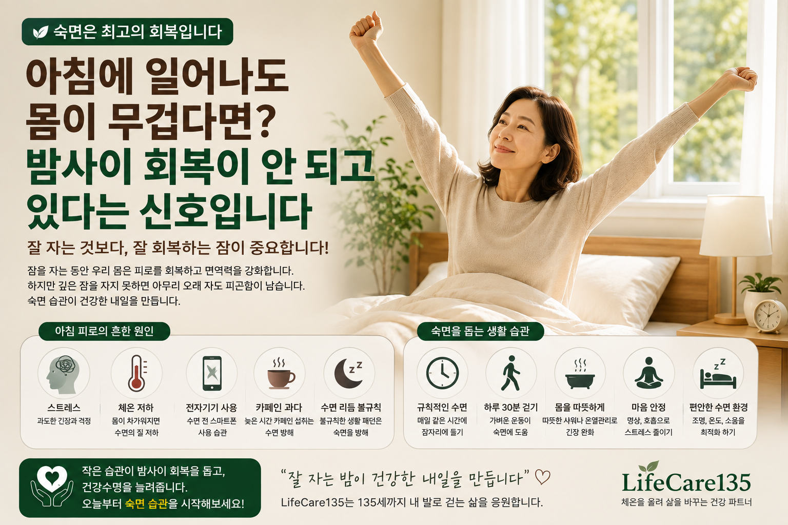 편안한 침실에서 숙면 후 상쾌하게 아침을 맞이하는 중년 여성